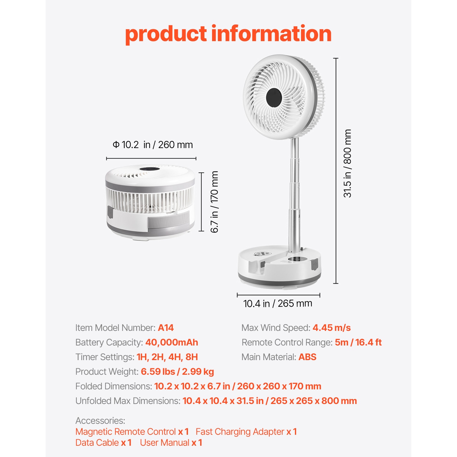 10 Inch Foldable Rechargeable Oscillating Fan 3 In 1 Remote 9 Speeds_voghion.com